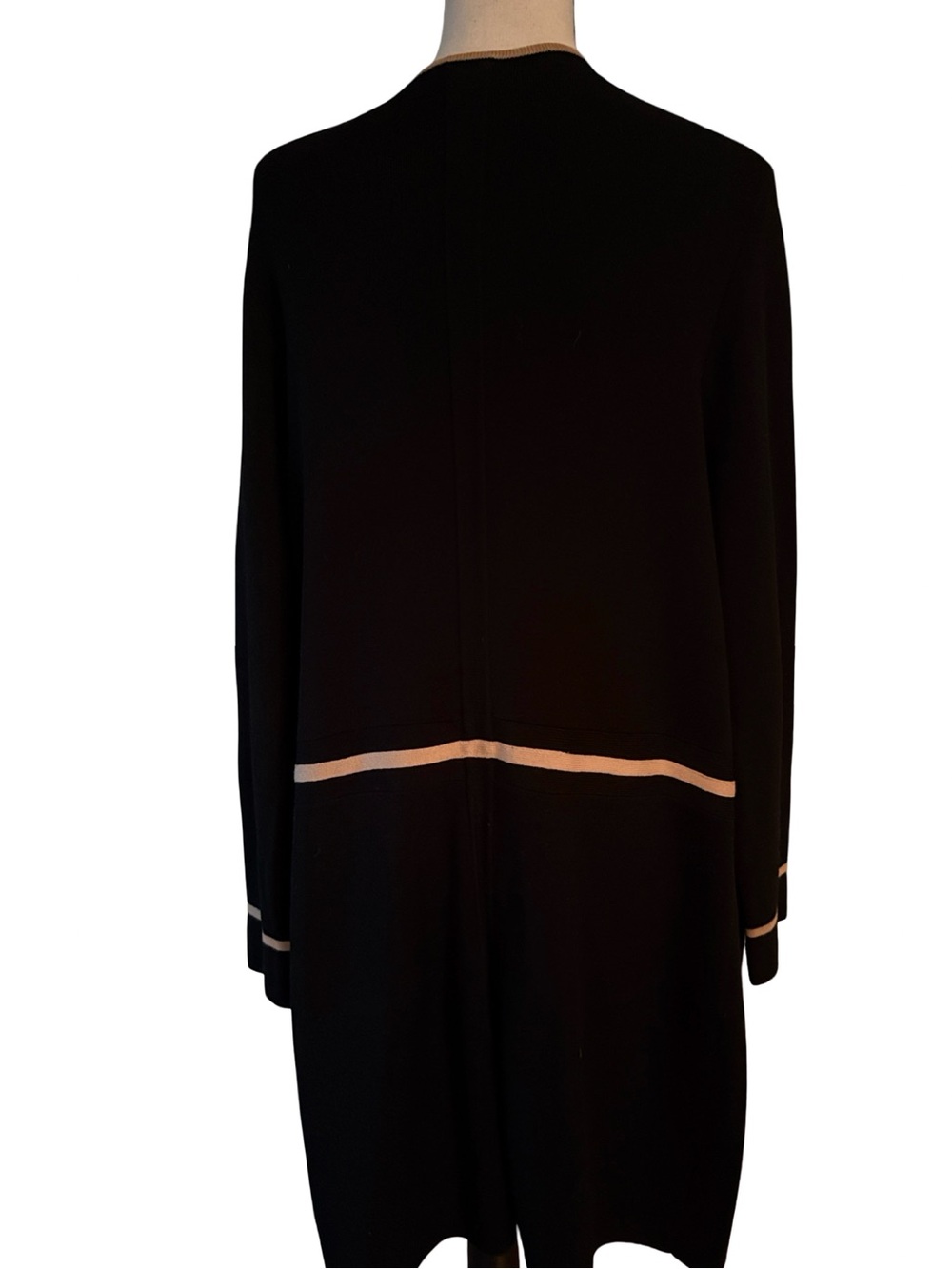 Talbots Black Open-Front Long Cardigan with Beige Trim - Picture 7 of 10
